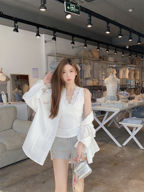 Summer Casual Shirt with Lacey Camisole  Sets